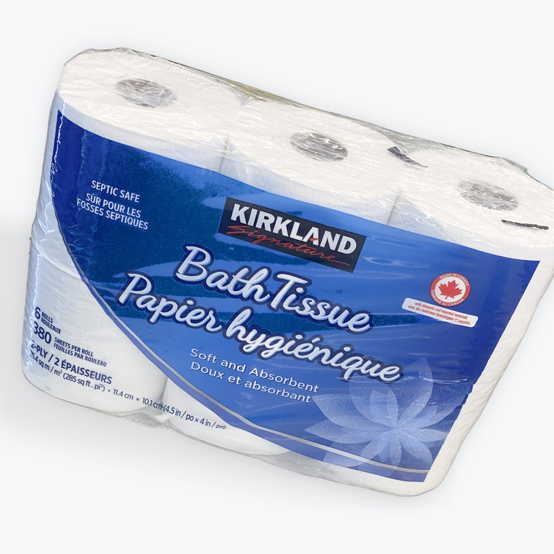 Kirkland bath tissue/ 6 Rolls/ 380 sheets per roll/ 2-ply